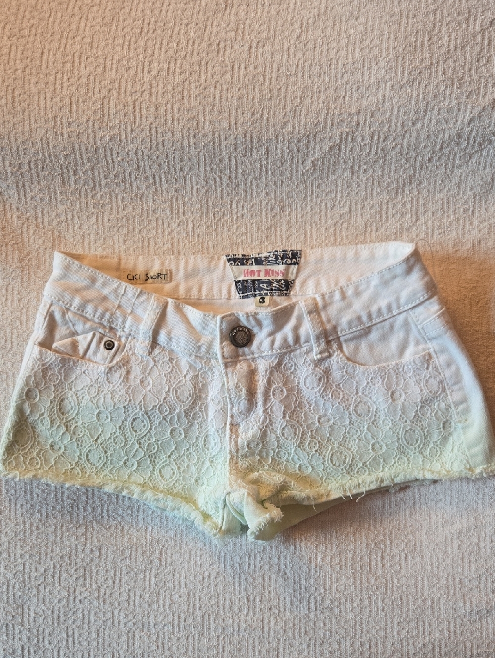 Hot Kiss White Lace Ombre Jean Shorts with Pale Yellow Hem